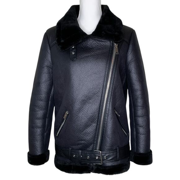 Zara Black Faux Leather Faux Fur Collar Shearling Belted Moto Motorcyle Jacket - Picture 4 of 16